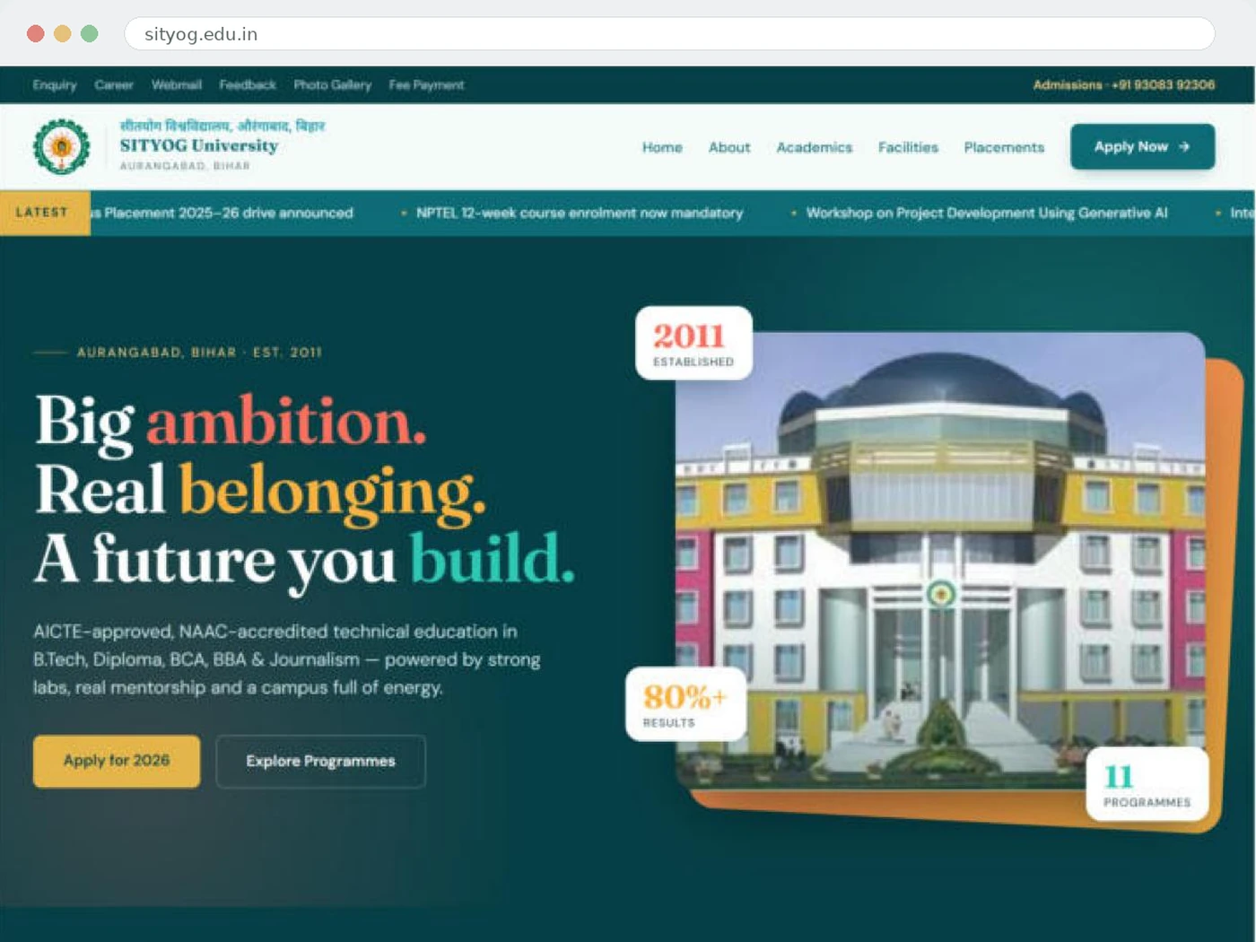 Redesign proposal for Sityog Institute of Technology, shown in a browser window