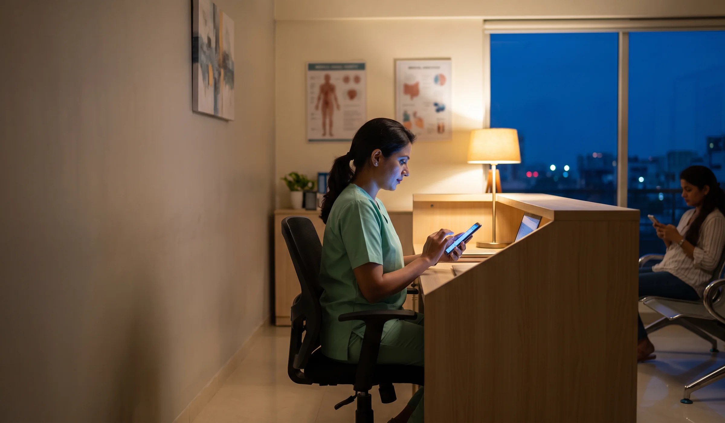 A clinic receptionist replying on her phone at dusk while a patient waits