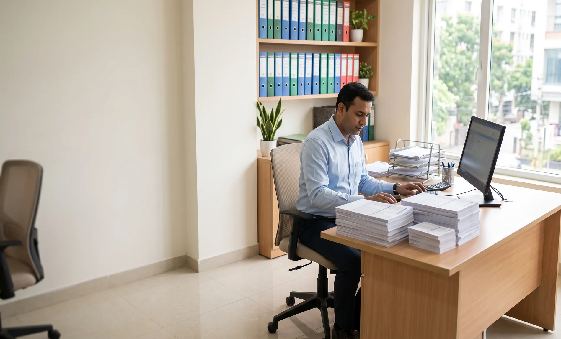 An accountant working through paper files at a modern desk
